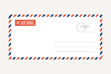 air mail letter vector. post stamp. airmail frame postcard. blue red stripes pattern. mockup template envelope. on white background. retro vintage blank message. world international label - obrazy, fototapety, plakaty