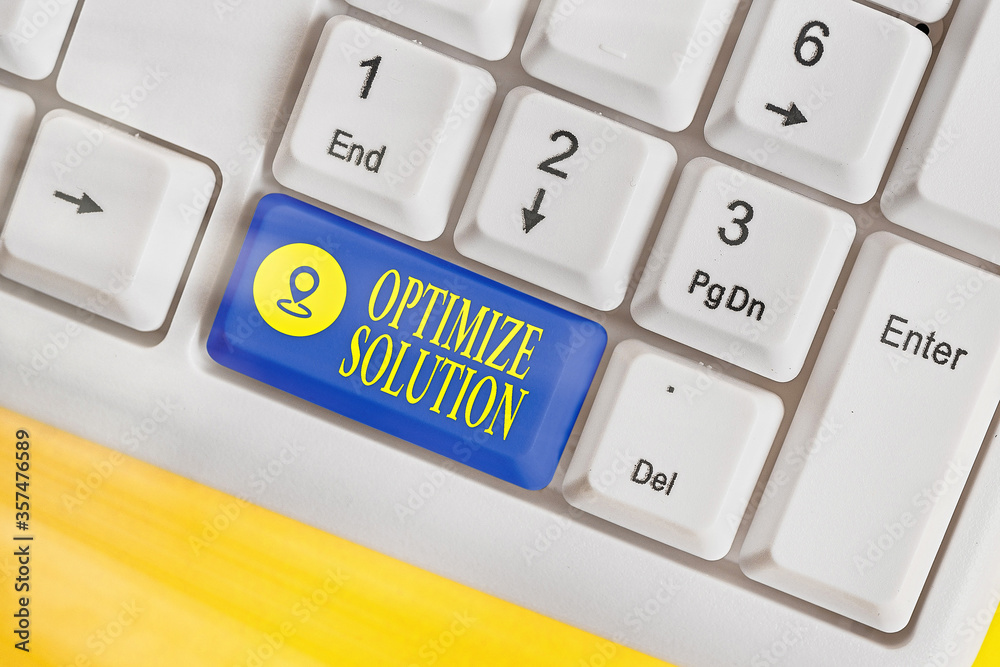 Poster writing note showing optimize solution. business concept for process of finding the greatest value o