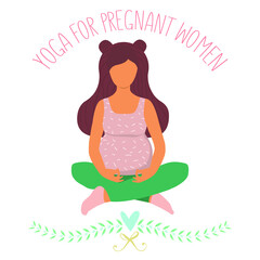 Healthy lifestyle concept: a pregnant girl sits in a yoga Lotus position. Decorated with beautiful leaves and a heart and bow. Vector flat illustration. For advertising, logo, flyers, flyer