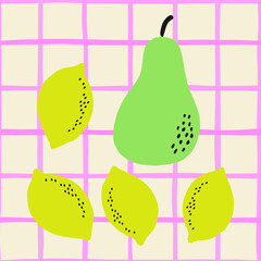 Colorful design with fruits on plaid background.