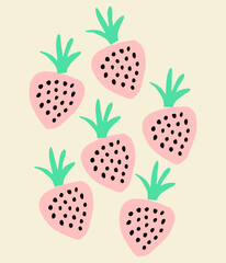 Hand painted design with strawberries in green, pastel pink and black on cream background.