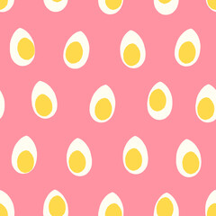 Hand painted seamless pattern with eggs in yellow and white on pink background.