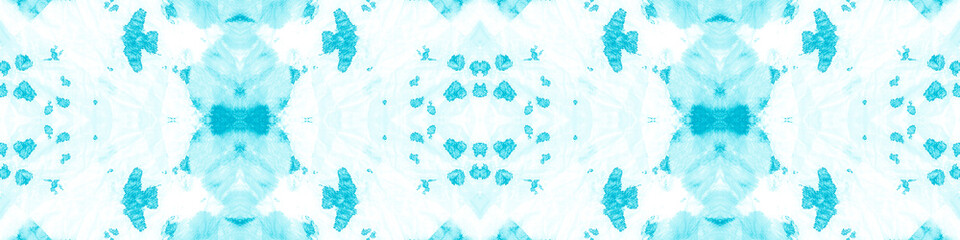 Fototapeta na wymiar Endless Blueish Border. Repeated Azure Retro Tie Dye Texture. Icy Background. Icy Blue Frosty Ornament. Turquoise Seamless Tie Dye Wash. Sea Blue Ornamental Banner. Faded Fabric.