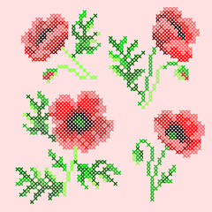 vector illustration cross stitch poppy