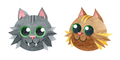 Set of cute cats. Brown, black cat with green eyes. Cartoon funny kittens. Hand-drawn watercolor illustrations on a white background. For postcards, prints, children's design, pet stores, stickers.