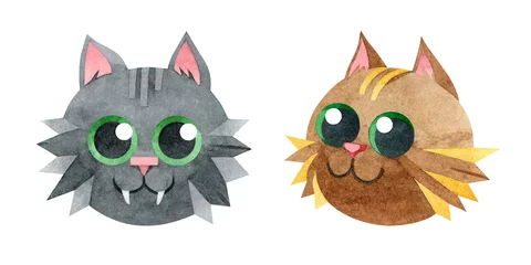 Fotobehang Set of cute cats. Brown, black cat with green eyes. Cartoon funny kittens. Hand-drawn watercolor illustrations on a white background. For postcards, prints, children's design, pet stores, stickers. © Мария Гольцова