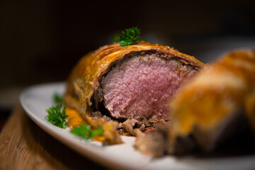 Front view of a beef wellington cut open
