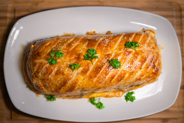 Uncut top view of a beef wellington