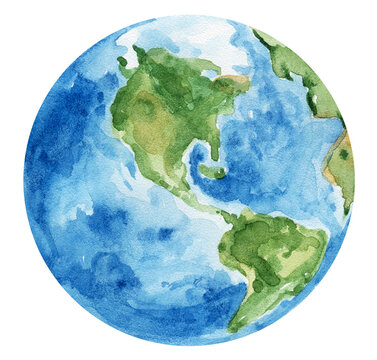 Watercolor hand painted planet Earth on white background. Save the planet concept. Can be used for poster, print, pattern, stickers, decoration. Green and blue colors