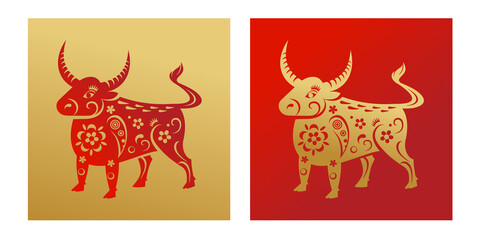 The year of the ox. Vector bull character of the Eastern calendar. Oriental concept of Chinese happy new year 2021. Red and gold colors of the illustration. Golden ox on a red background.