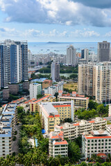 Obraz premium Beautiful aerial panoramic view of the city of Sanya city from Luhuitou Park. Hainan, China.