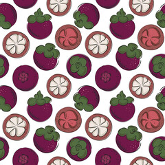 Seamless pattern with tropical fruits mangosteen on white background. Doodle and hand drawn vector design. For kitchen and kids textile and fabric.