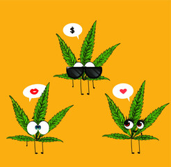 Funny hemp character design with bubble speech. Cannabis with different emotions combined into one comic story. 