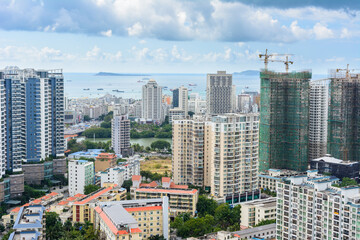 Beautiful aerial panoramic view of the city of Sanya city from Luhuitou Park. Hainan, China.