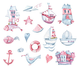 Watercolor hand painted cartoon underwater clipart. Cute lovely fantasy sailboat, seagull, anchor, fish, star fish, lighthouse. Perfect for print, pattern, textile design, fabric, poster, travel blog 