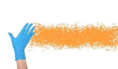 a hand in a blue protective glove on a white background holds an orange strip of paint. Background for text.