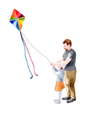 Dad and daughter fly a kite. Watercolor hand-drawn illustration. Family and children, leisure, free time, outdoor games