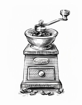 Hand-drawn sketch coffee grinder isolated on white background