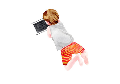 Little boy lies on the floor and using a computer tablet smart. The child plays developing computer games. Watercolor illustration isolated on white background.
