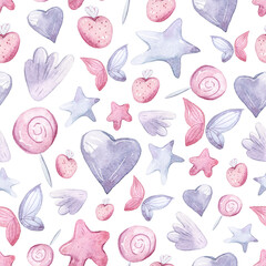 Watercolor love heart clipart. Valentines day seamless pattern on white background. Can be used for greeting card, poster, sublimation, print, wedding intvitation, psttern, sticker.