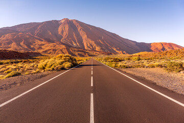 Empty highway road at sunset, El Teide National park. Canary Islands, Spain - 357481926