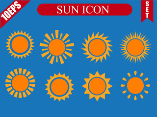 Sun icon. Vector of yellow sun icon set with blue background.