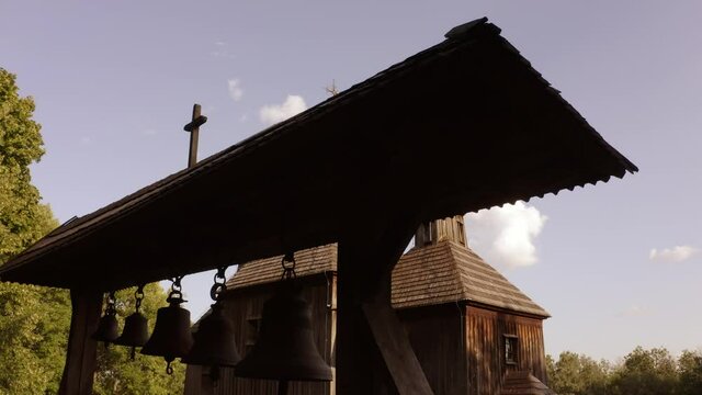 Bells of an old rural wooden church. Anicient temple.