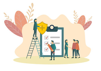 Insurance vector concept with icons. Family with agent. Shield and insurance policy.