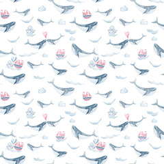 Seamless pattern, digital paper. Watercolor hand painted cartoon sea characters. Cute lovely fantasy whales, sailboat. Perfect for print, textile design, fabric, poster, travel blog 