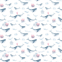 Seamless pattern, digital paper. Watercolor hand painted cartoon sea characters. Cute lovely fantasy whales, sailboat. Perfect for print, textile design, fabric, poster, travel blog 