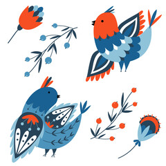 Fairy blue birds in a folk art style. Flowers and berries. Folklore ornamental art. Decorative elements, clip art. Vector illustration isolated on white background