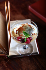 Dessert of berries and ice cream in a tall glass stands on the pages of an open book. The concept of reading and leisure.  Photo in the interior on a dark background.Vertical photo. Top view