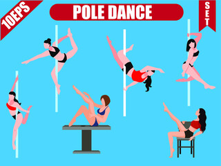 Girl dancing with a pole. Pole dance set. Dancing girls vector set.