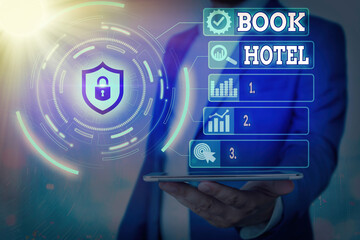 Handwriting text Book Hotel. Conceptual photo reserving an accommodation paid on a shortterm basis...