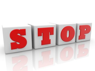 STOP concept on white toy blocks on a white background