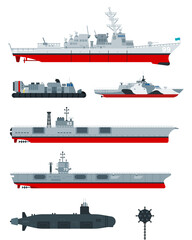 Military ships vector flat icons. Different types of naval combat ships set, military boats, ships. © Mountain Brothers