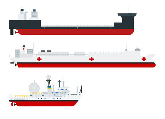 Illustration of different types of ships, cargo, hospital and research vessel vector illustration