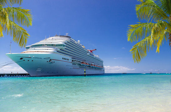 Grand Turk, Turks and Caicos Islands - MARCH 29, 2019: Cruise ship Carnival Magic docked at port Grand Turk on sunny day