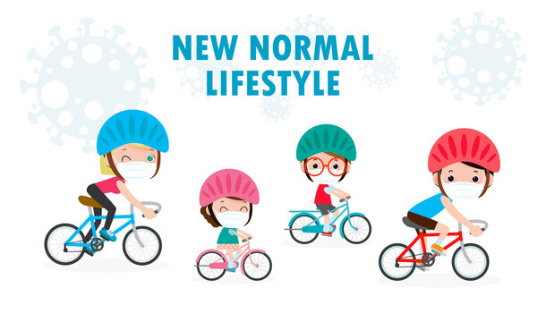 New Normal Lifestyle Concept Happy Cute Diverse Family Riding Bikes Wearing Medical Masks During Coronavirus Or Covid-19 Social Distancing Sport Family Vector Illustration Isolated On White Background