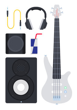 Set of electric guitar, speaker system and headset vector illustration in a flat design.