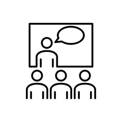 Símbolo curso de formación. Icono plano hombre con pizarron y burbuja de habla con público en color negro