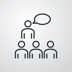 Símbolo curso de formación. Icono plano hombre con burbuja de habla con público en fondo gris