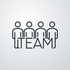 Concepto trabajo en equipo. Icono plano lineal palabra team con grupo de personas de pie en fondo gris