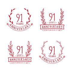 91 years anniversary logo collection. 91st years anniversary celebration hand drawn logotype. Vector and illustration. 