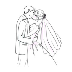 Bride and groom. Wedding couple kiss. Newlyweds. Stock vector illustration isolated on white background.