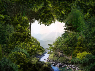 A heart-shaped hole in the dense tree crown. The current river to the cliff. The sun shines on the...