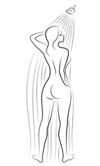 Silhouette of a cute young lady. The girl washes in the shower. The woman has a slim beautiful figure. Vector illustration