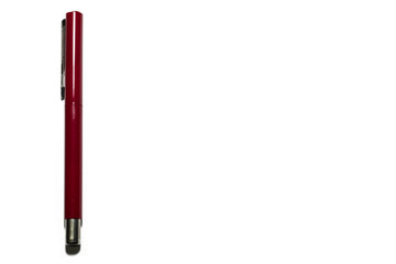Red fountain pen with closed cap, lying on the left side, isolated on white background
