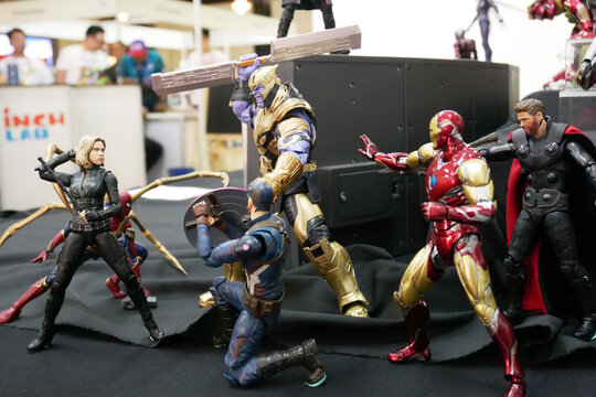 KUALA LUMPUR, MALAYSIA -OCTOBER 6, 2018: Selected focused on small Avengers superhero character action figure from Marvel Iron Man comics and movies. Displayed by the collector for the public. 