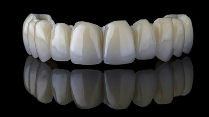 temporary dental upper jaw prosthesis made on a polymer milling cutter on a black background with reflection © Dental Pro Content